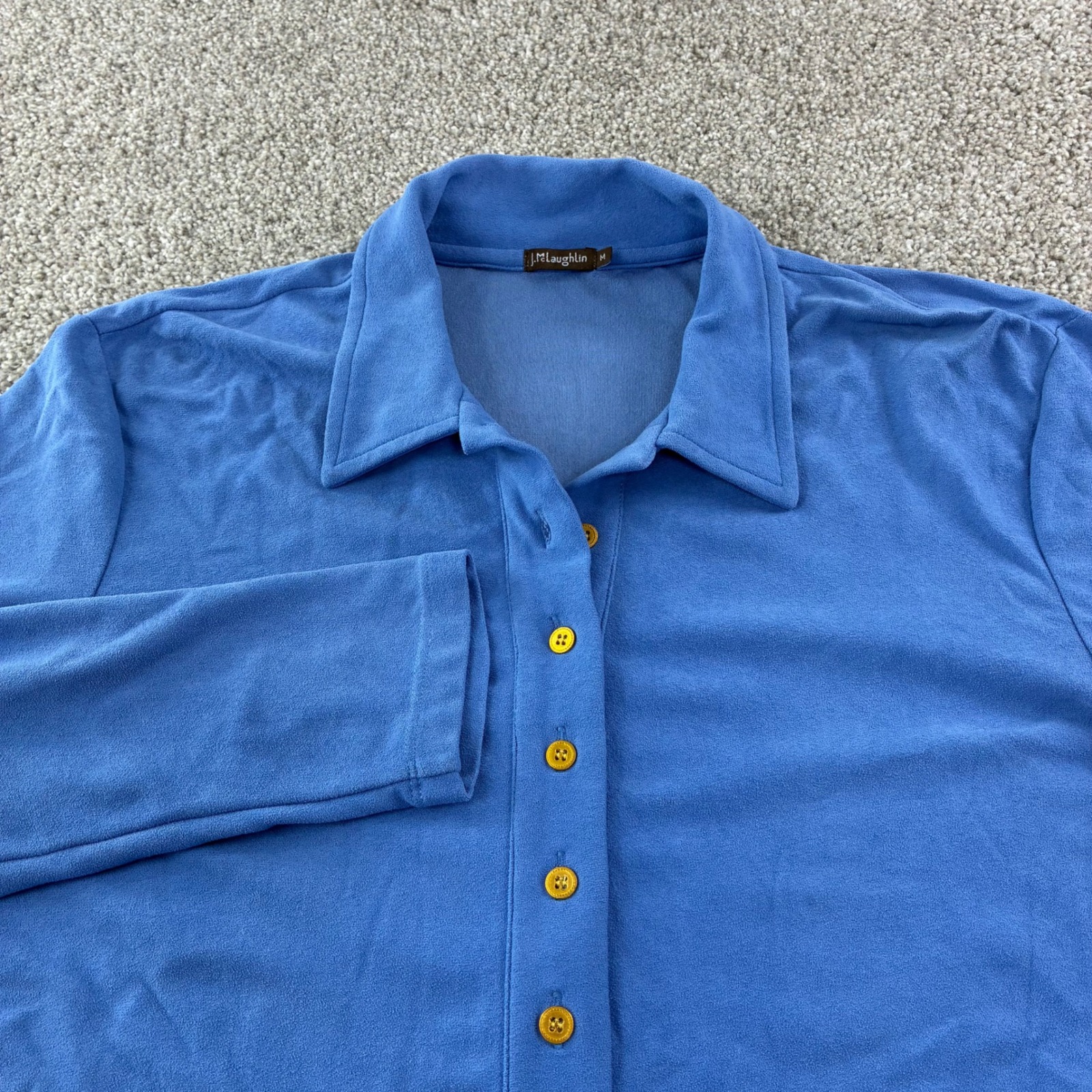 J.Mclaughlin Womens Blue Polo Shirt Size M Gold Buttons Casual Luxury Stretch